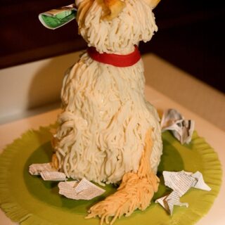 Cake decoration in the form of a shaggy dog holding a copy of the Basinga magazine, some pages torn out, photo taken from behind the decoration.