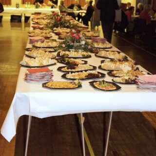 Buffet table set at the Basinga's 35th anniversary party.