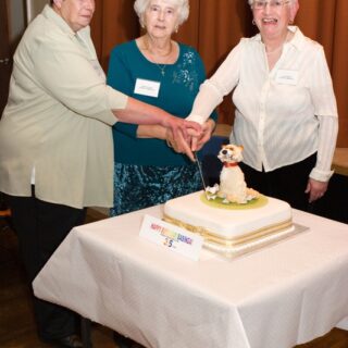 Three attendees jointly cutting a decorated cake celebrating the Basinga’s 35th anniversary.